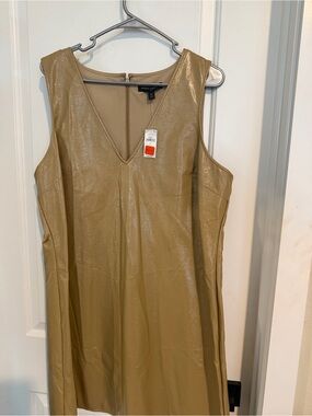 Banana Republic Shiny Faux Leather V-Neck Shift Dress in Camel/Tan